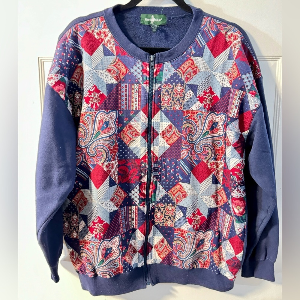 VTG 90’s Blue Multi Pattern Quilted Bomber Zip Up Sweater Jacket Grannycore